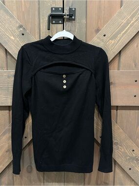 G by Guess Black Mock Neck Long-Sleeve Top with Cutout & Button Detail